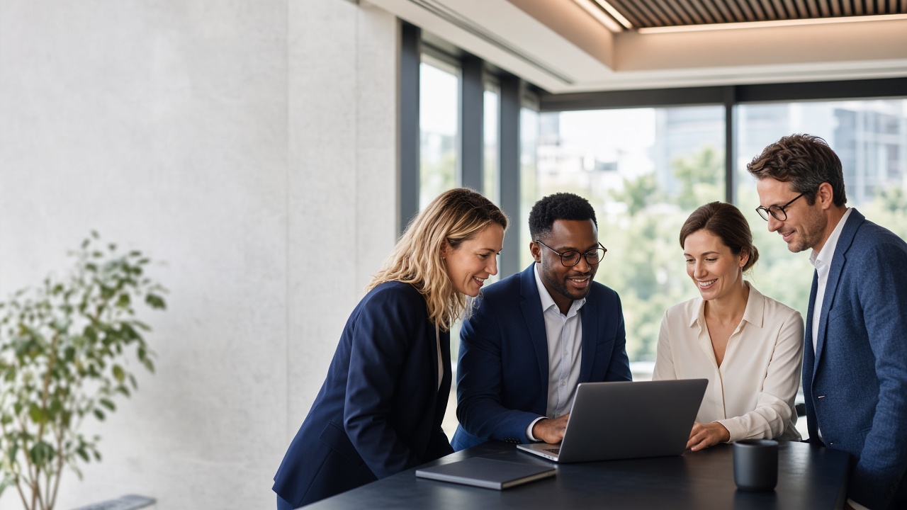Business professionals collaborating around a laptop